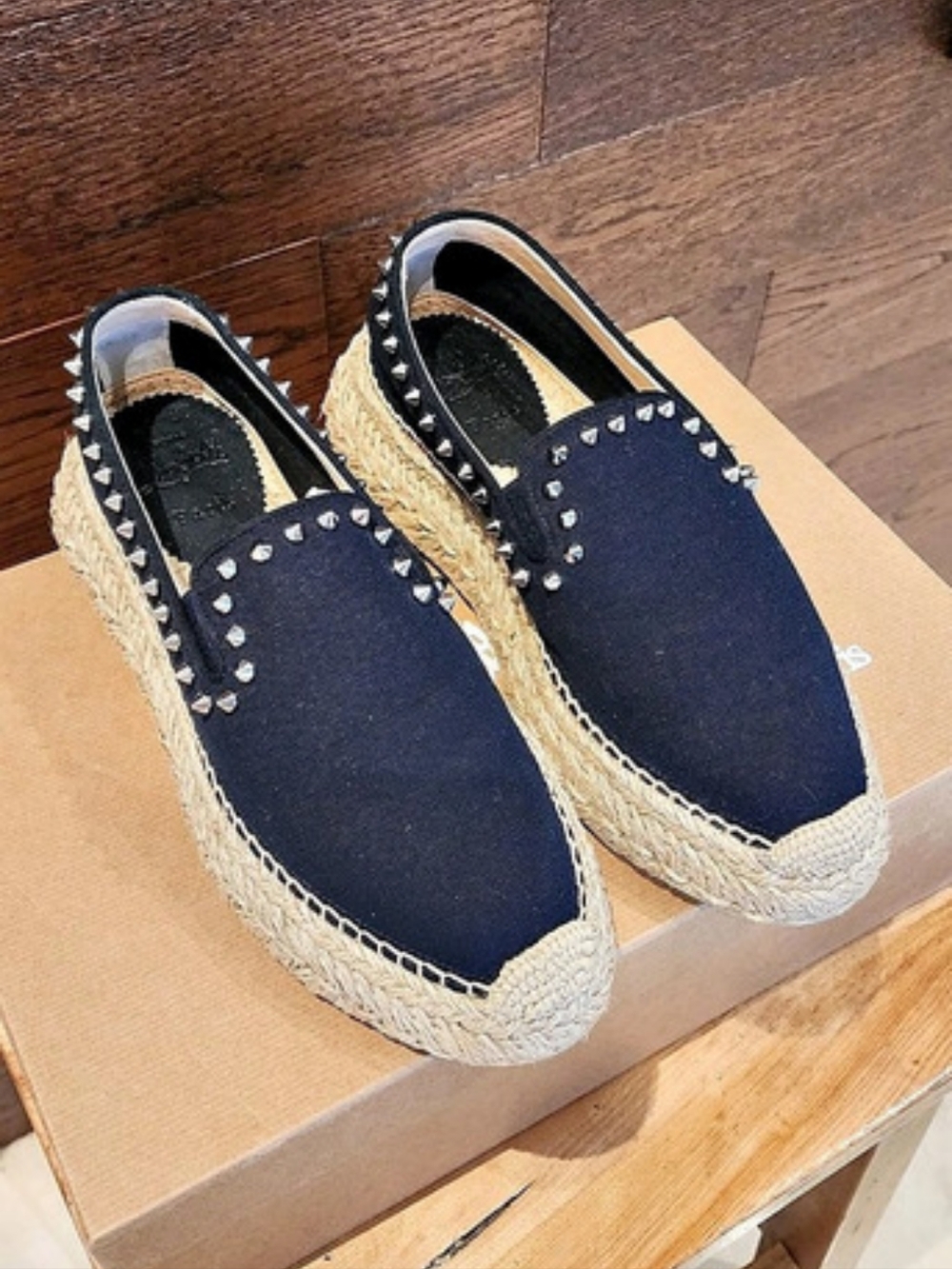 Christian Louboutin Nanou Spikes Canvas Espadrilles Blue & Cream EU 38